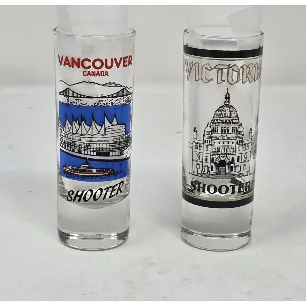 Vintage Vancouver Victoria BC Canada Souvenir Tall Shooter Shot Glass Set 2 Pair